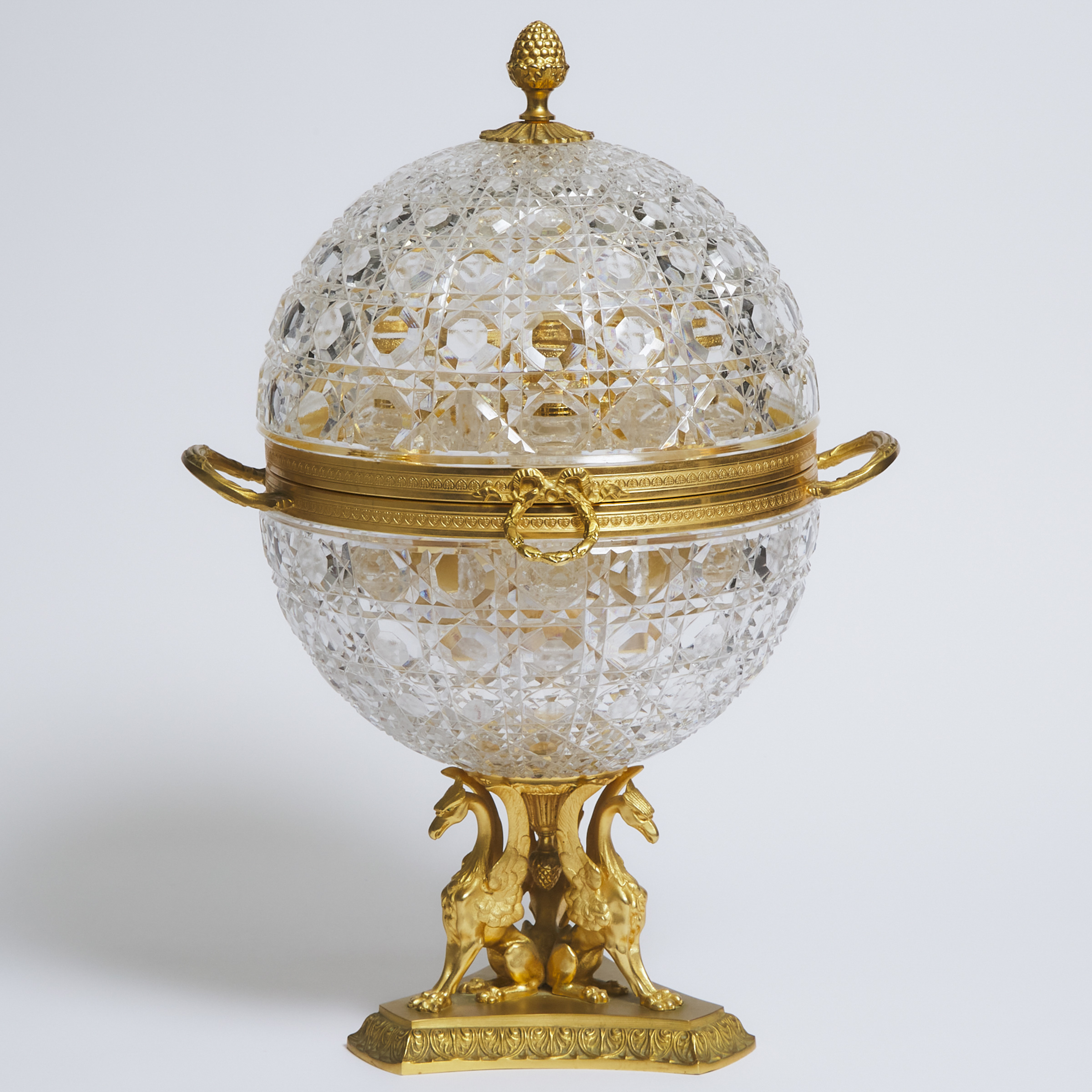 Contemporary French Cut Glass and Gilt Bronze Globe Form Bar, Cristal Benito, 20th century