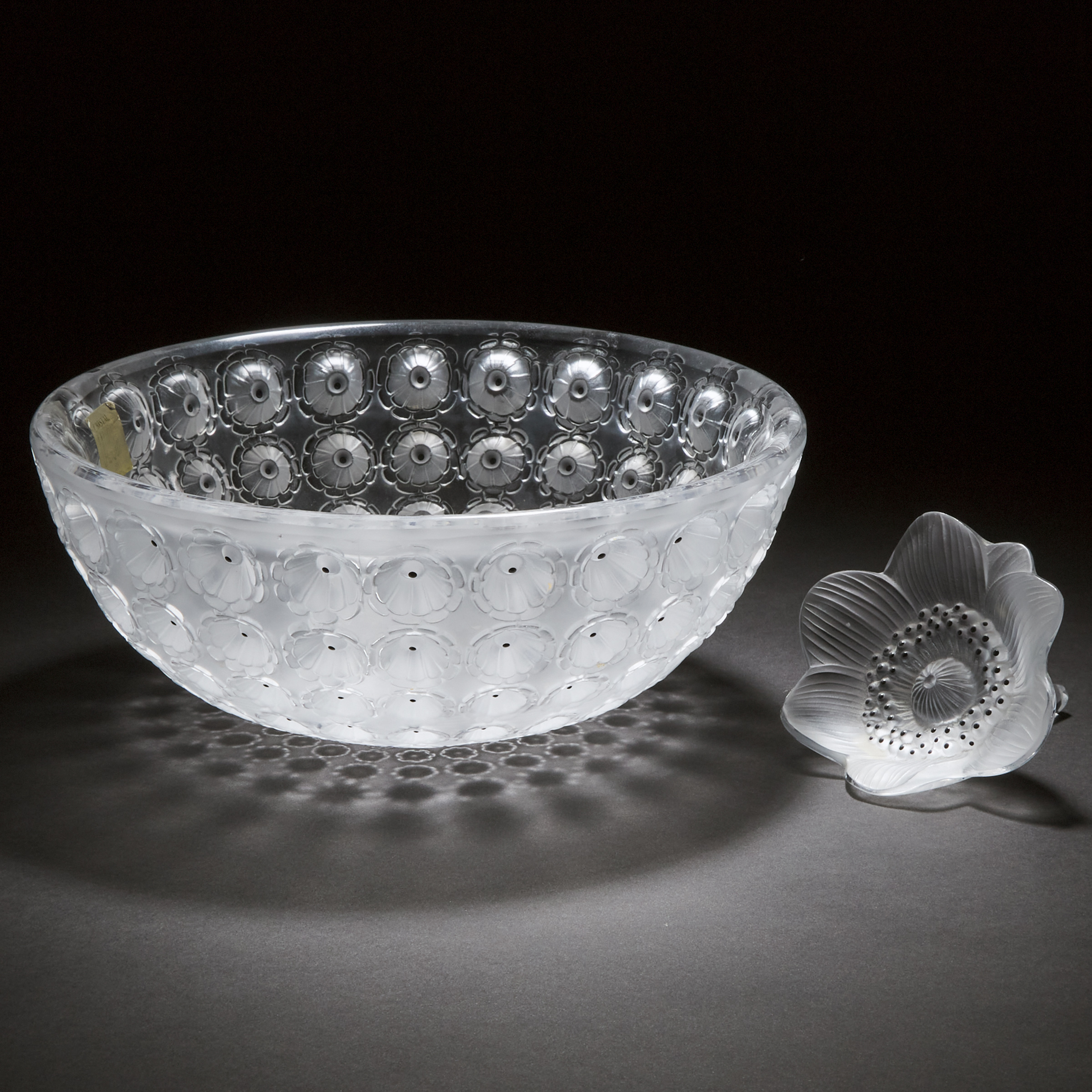 'Nemours', Lalique Frosted and Enameled Glass Bowl and Anemone Paperweight, post-1945