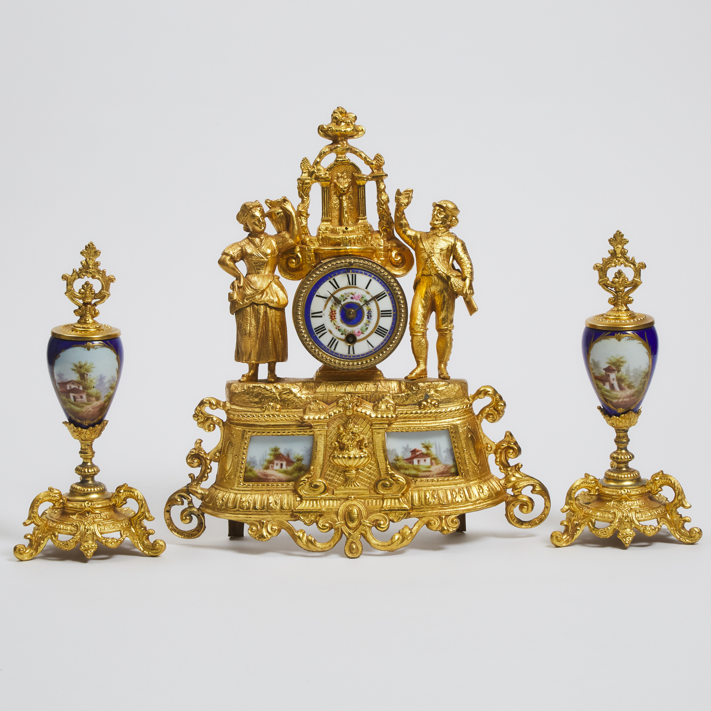 Three Piece Porcelain Mounted Gilt Metal French Clock Garniture, mid 19th century