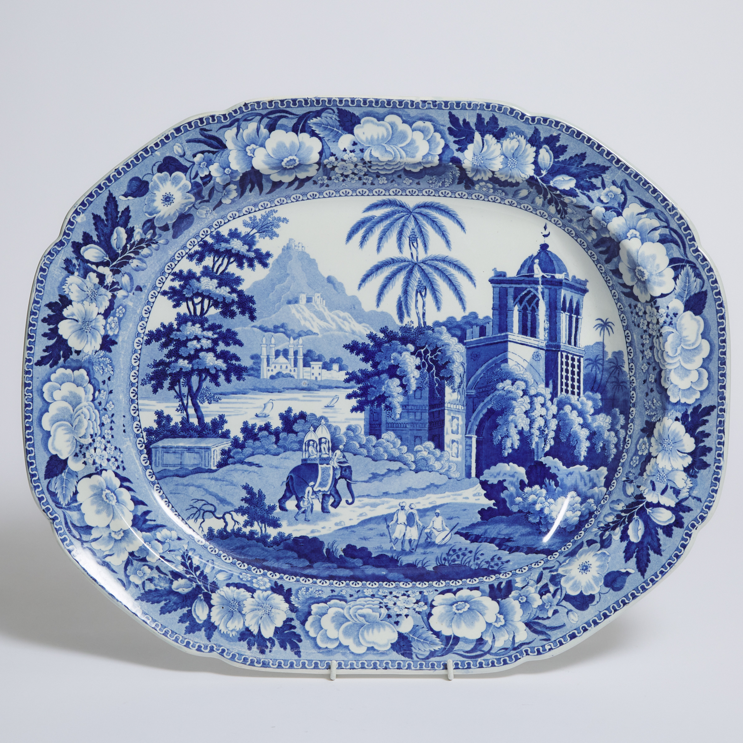 Herculaneum 'View in the Fort, Madura' Blue Printed Oval Meat Platter, c.1820