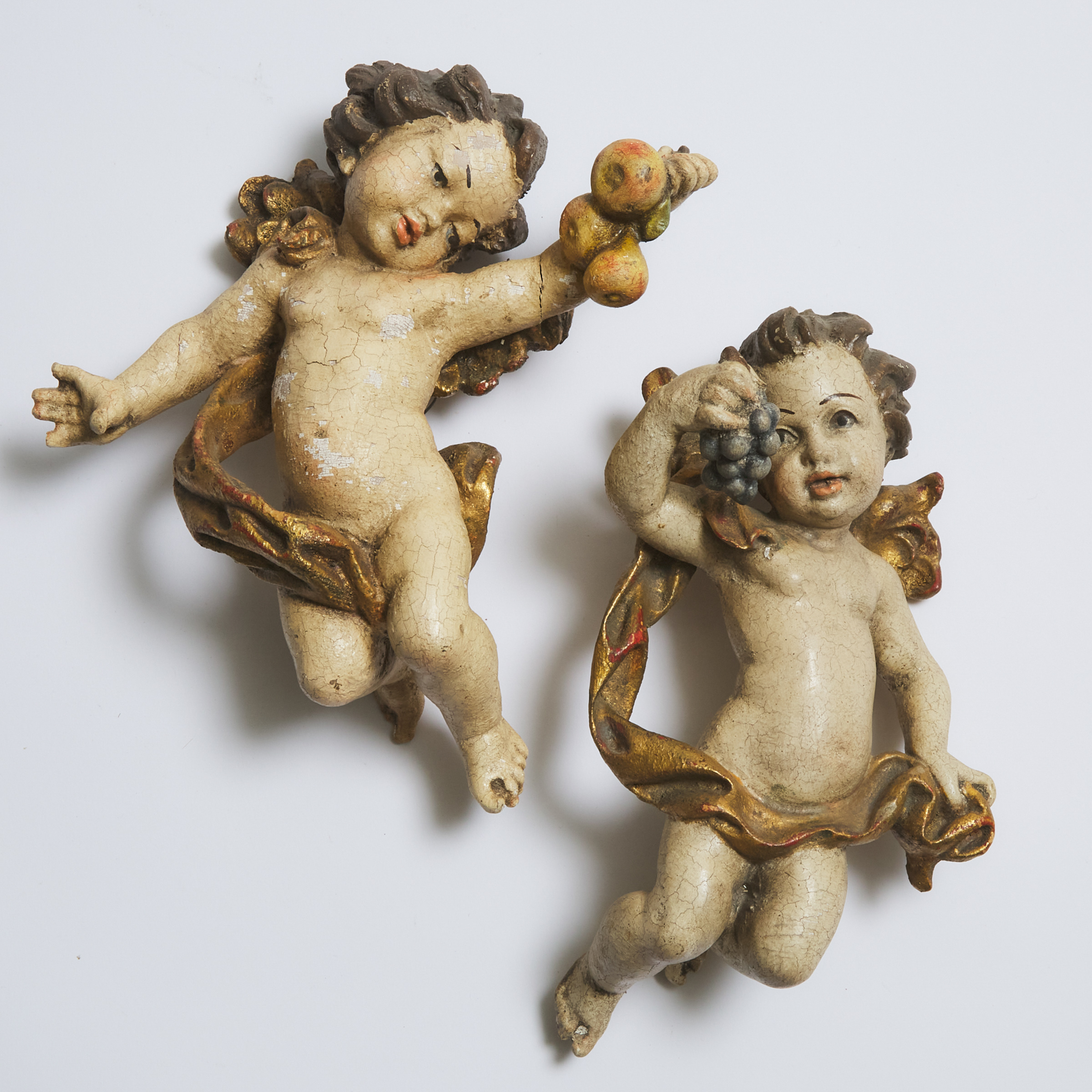 Pair of Italian Baroque Style Polychromed Bacchanalian Angels, mid 20th century