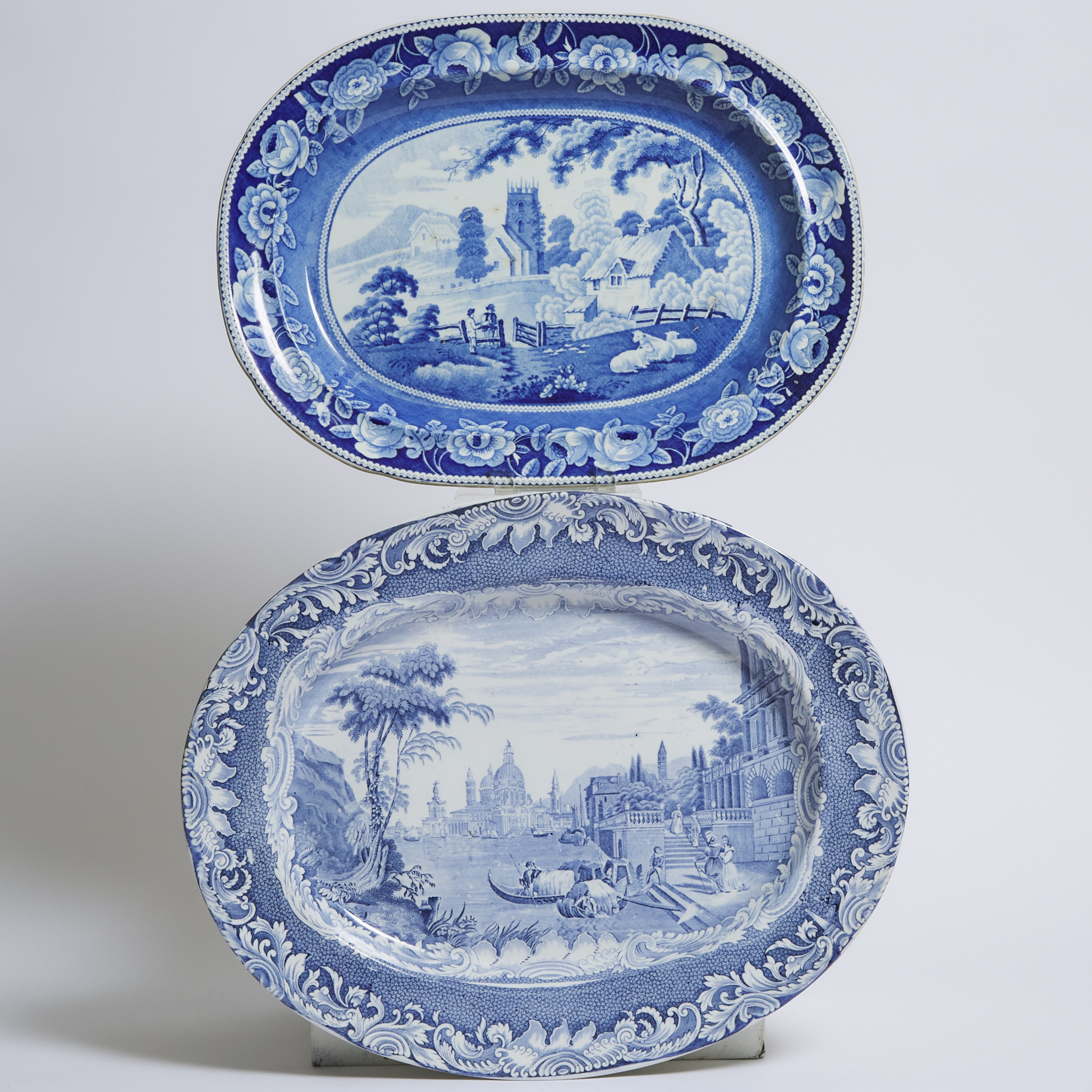 Copeland Blue Printed Oval Platter and a 'Rustic Village' Platter, first half of the 19th century