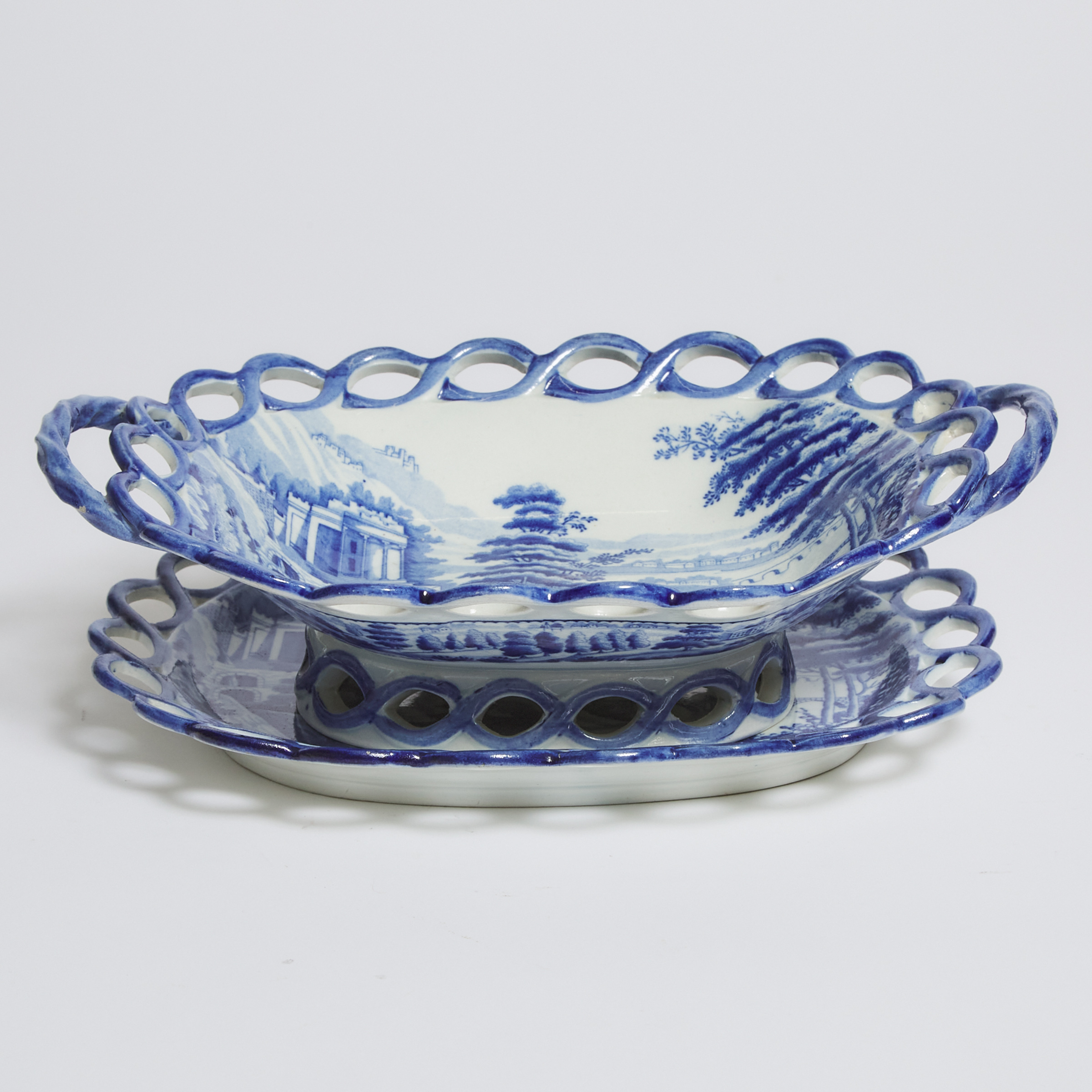 Riley 'Scene After Claude Lorraine' Blue Printed Oval Basked and Stand, c.1820