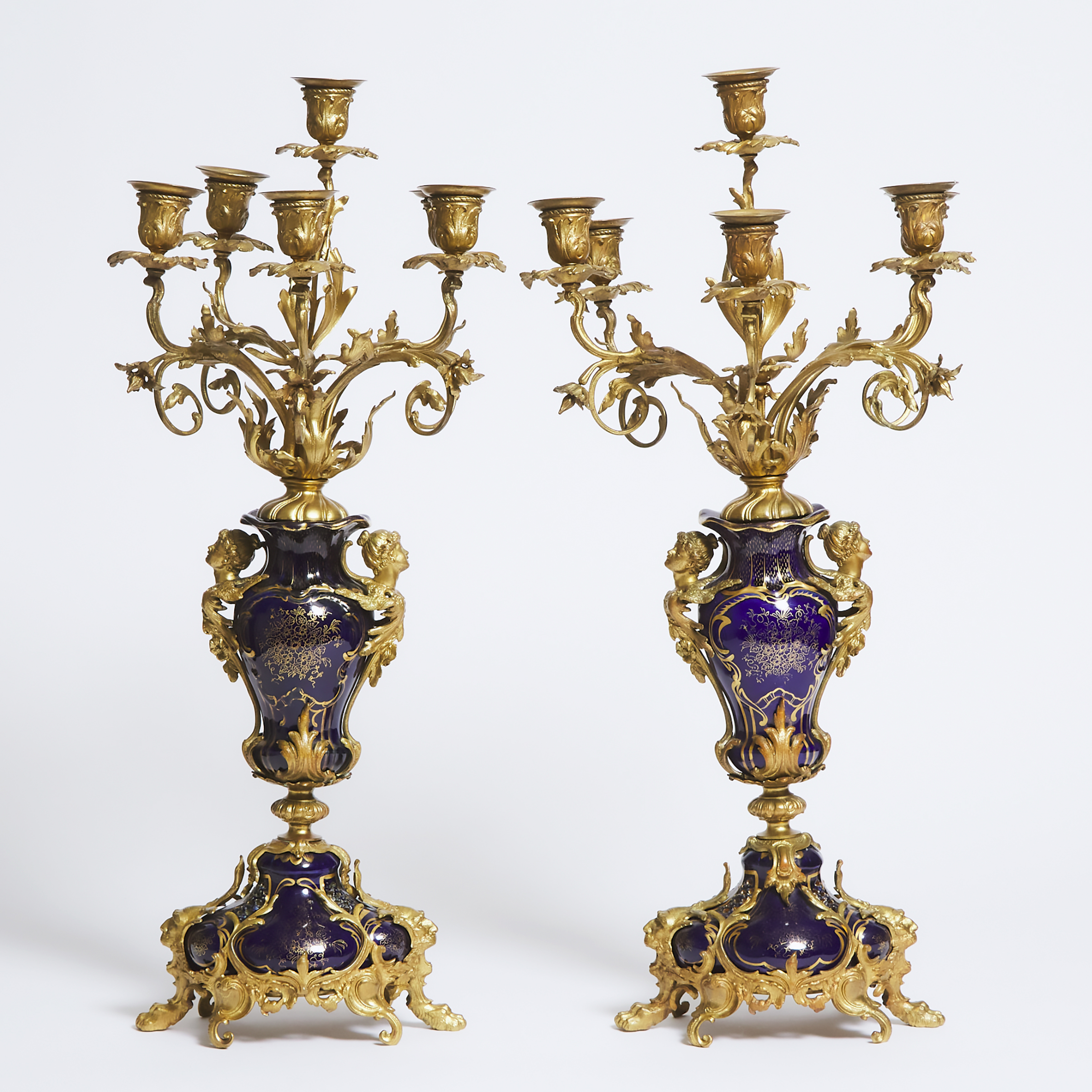 Pair of Belle Époque Sevres Style Porcelain and Ormolu Six Light Candelabra, c.1900