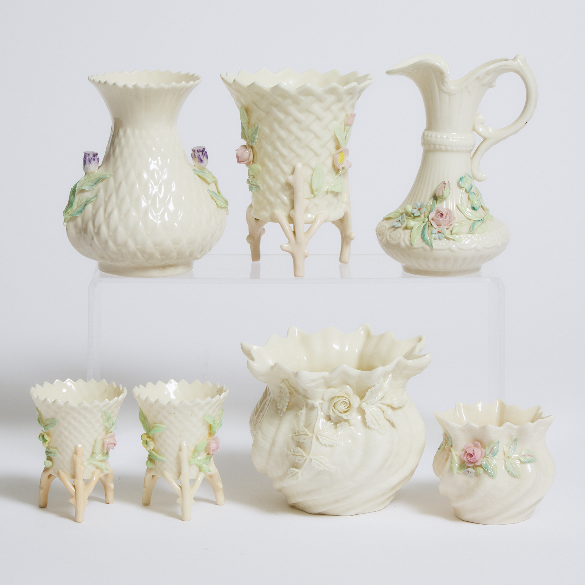 Six Belleek Vases and a Jug, 20th century
