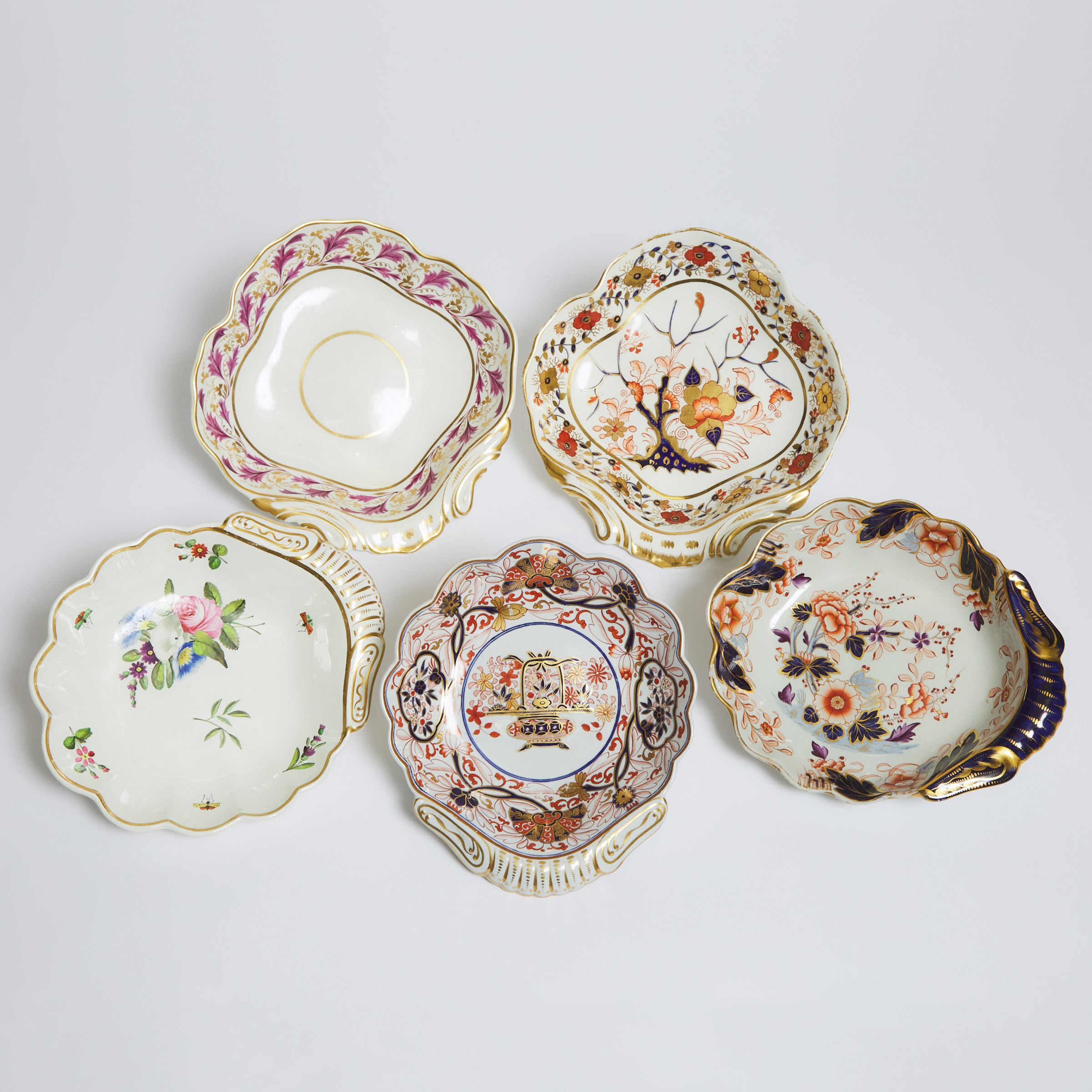 Five Various Derby, Spode and Davenport Shell Dishes, early 19th century