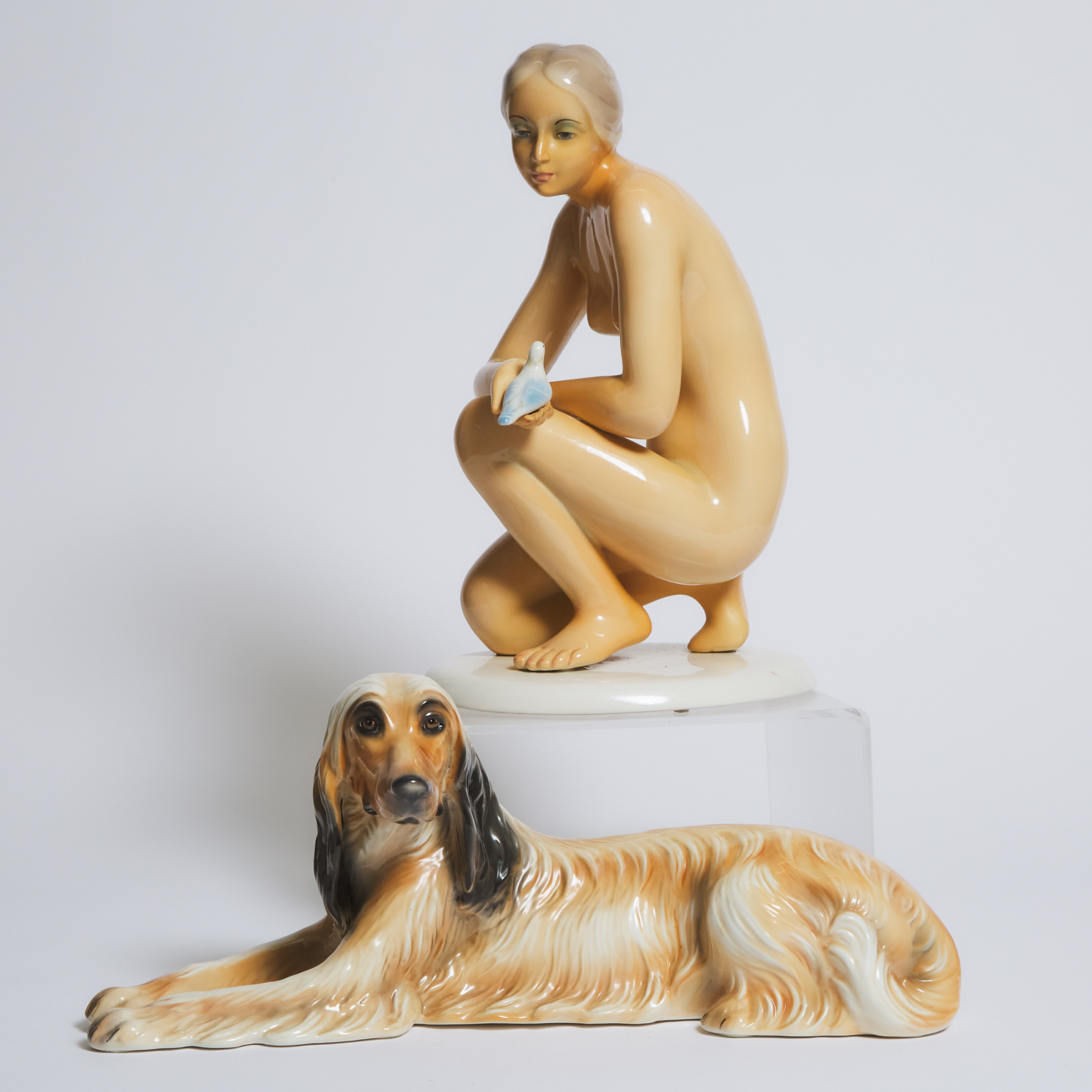 Two Giovanni Ronzan Large Figures of a Woman and an Afghan Hound, 20th century