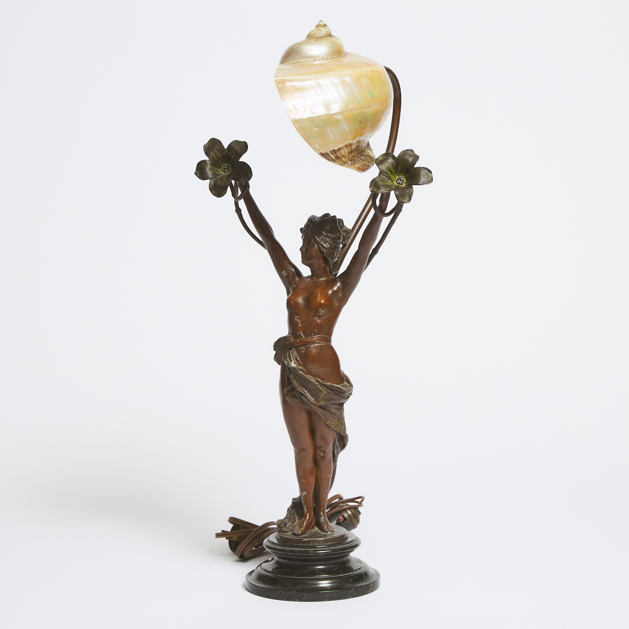 Art Nouveau Patinated Metal Figural Table Lamp with Natural Shell Shade, c.1900