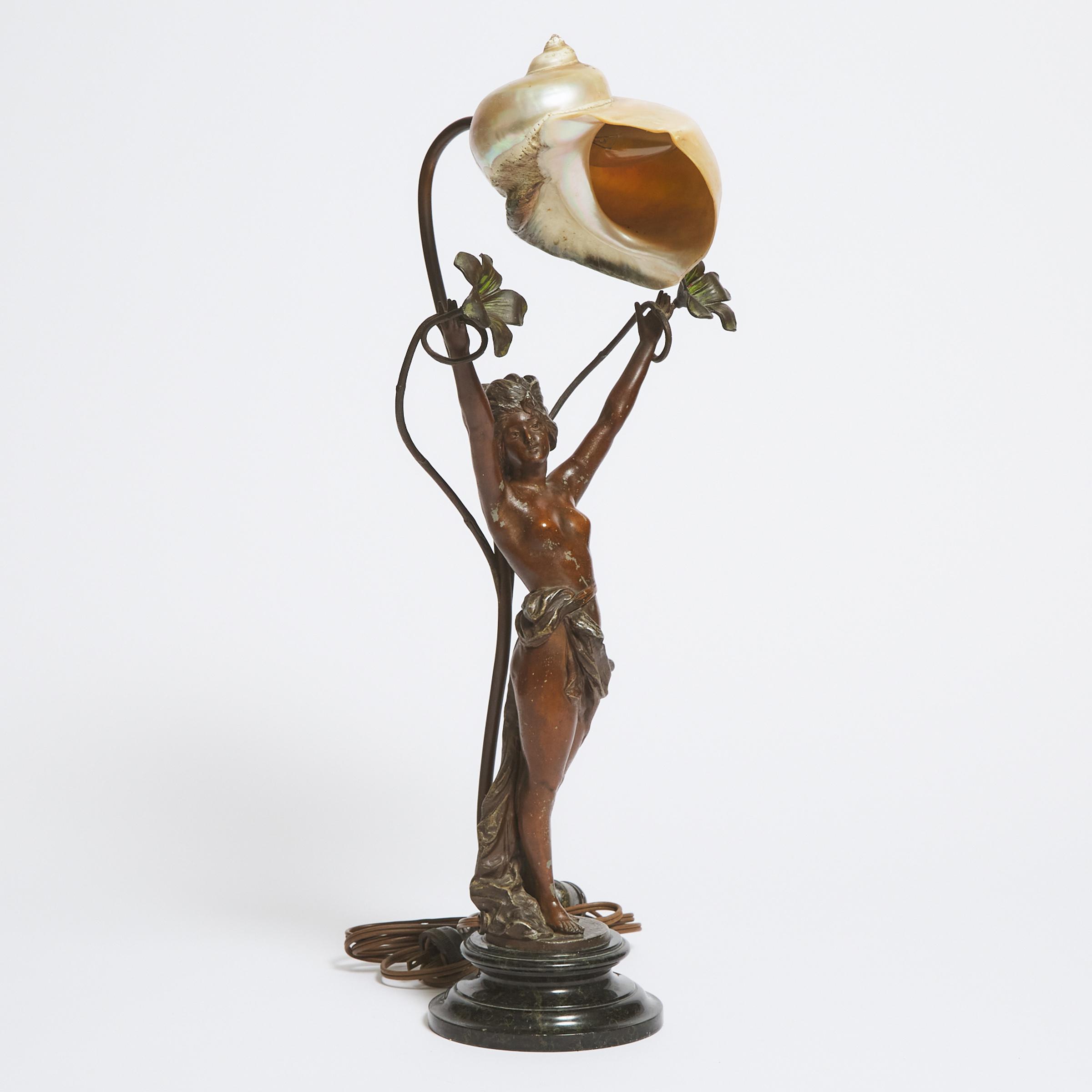 Art Nouveau Patinated Metal Figural Table Lamp with Natural Shell Shade, c.1900