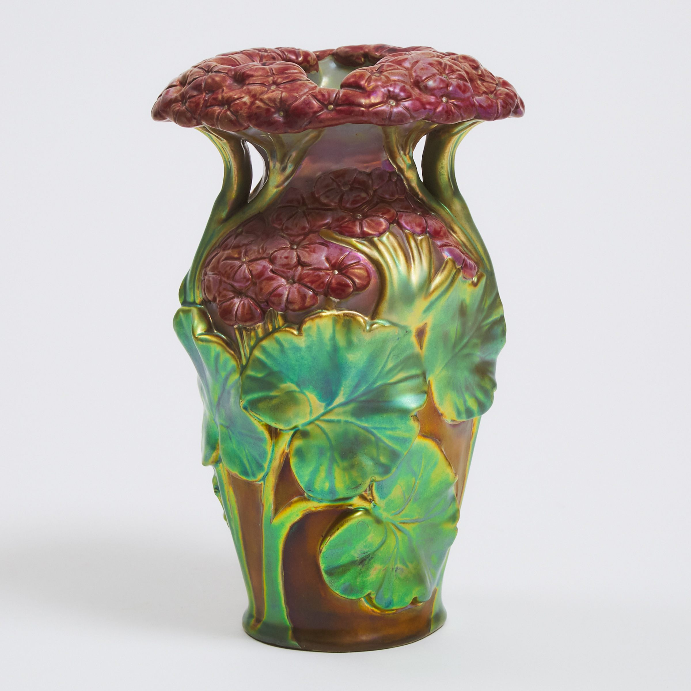 Zsolnay Iridescent Red and Green Glazed Geranium Vase, c.1900