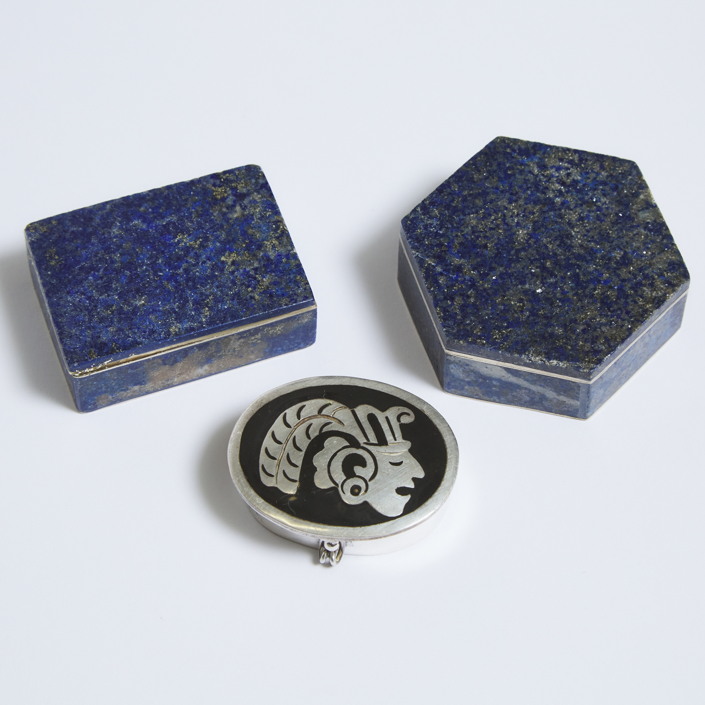 Two Lapis Lazuli Dresser Boxes and a Mexican Enamelled Silver Pill Box, mid 20th century