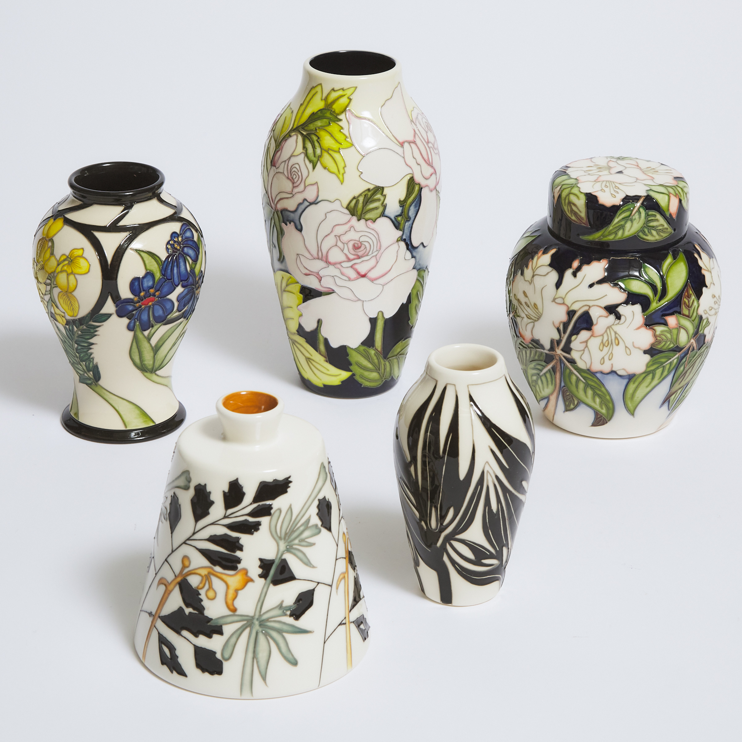 Four Moorcroft Vases and a Covered Ginger Jar, c.2015-19