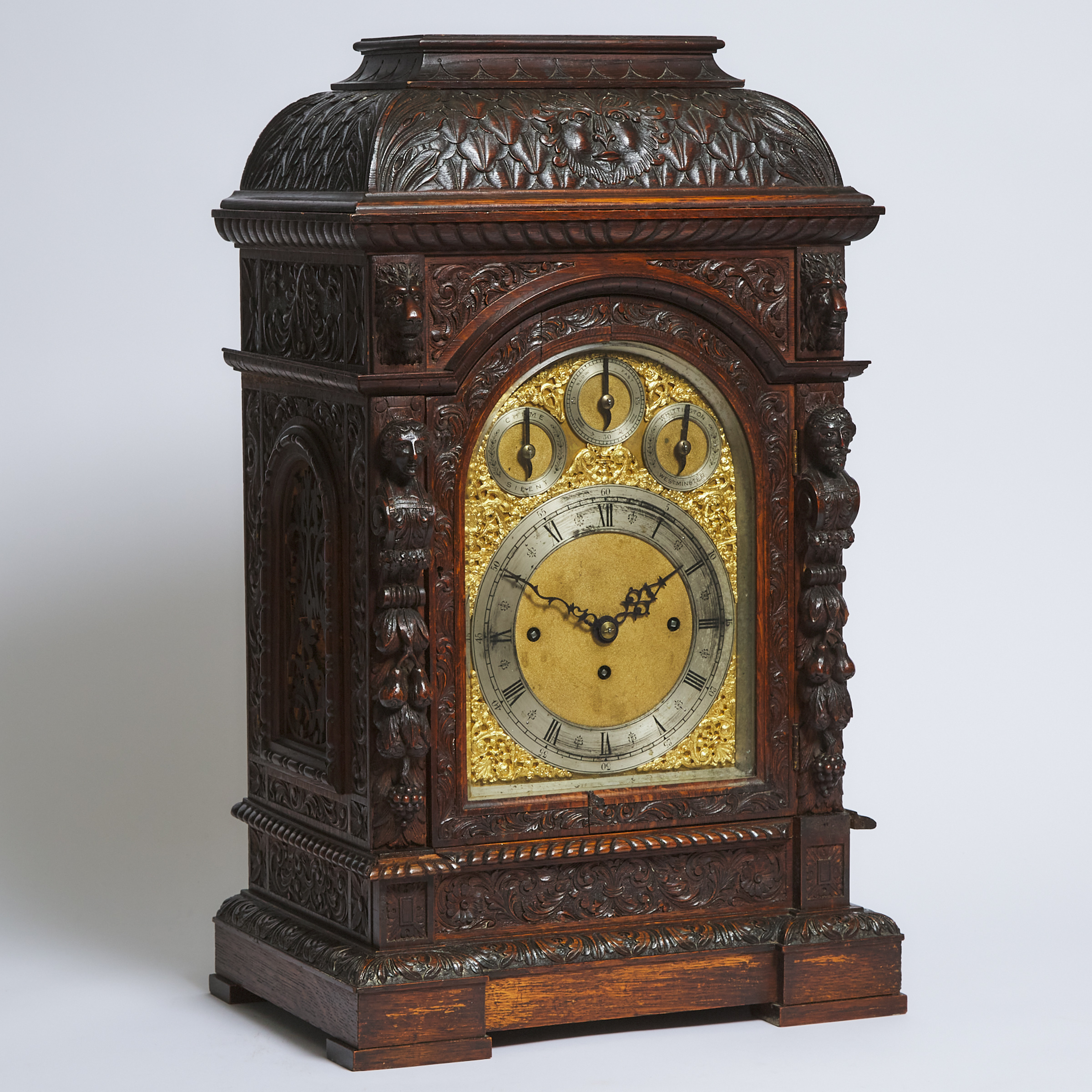 Large and Impressive Victorian Renaissance Revival Carved Oak Musical Bracket Clock, late 19th century