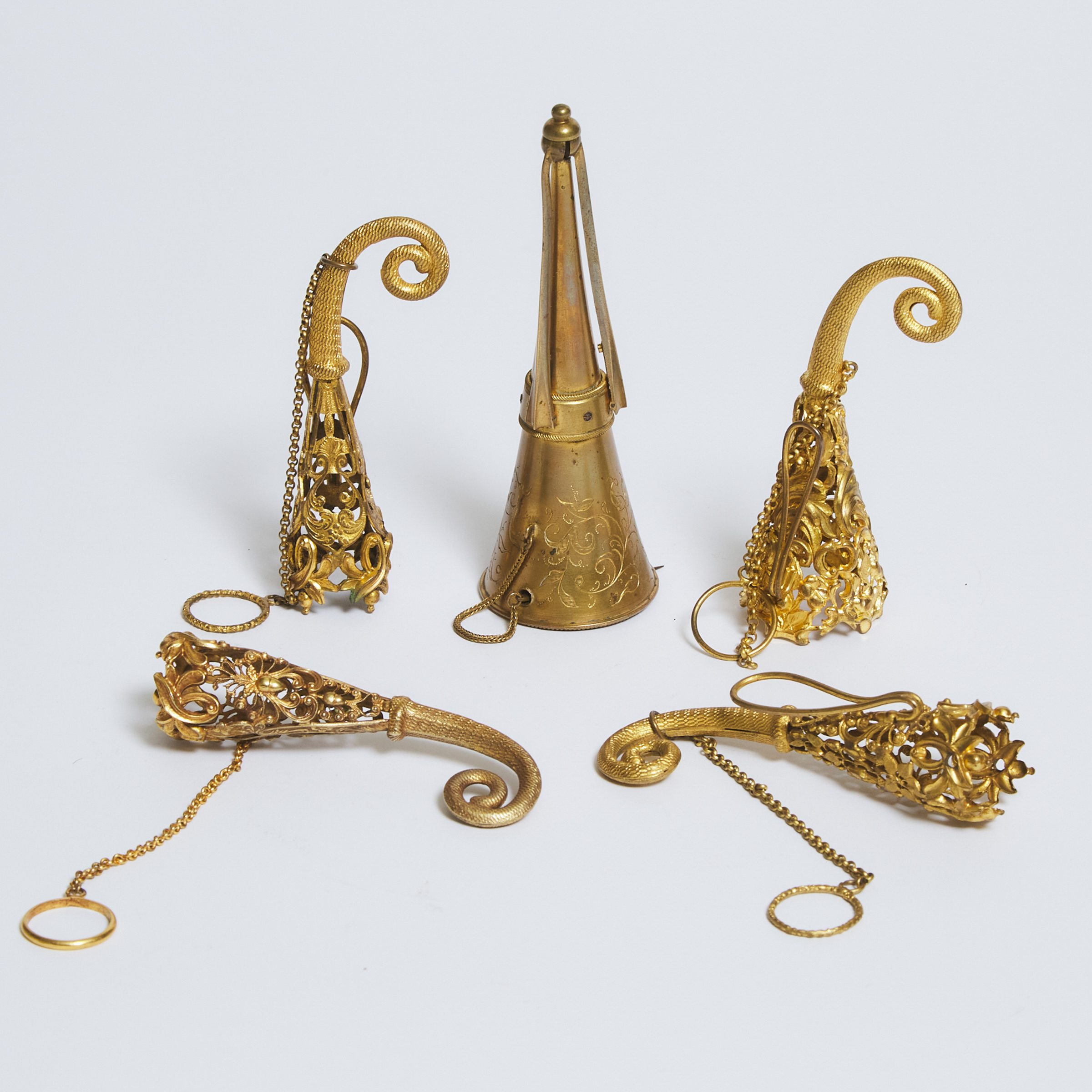 Five Victorian Gilt Metal Posy Holders, 19th century