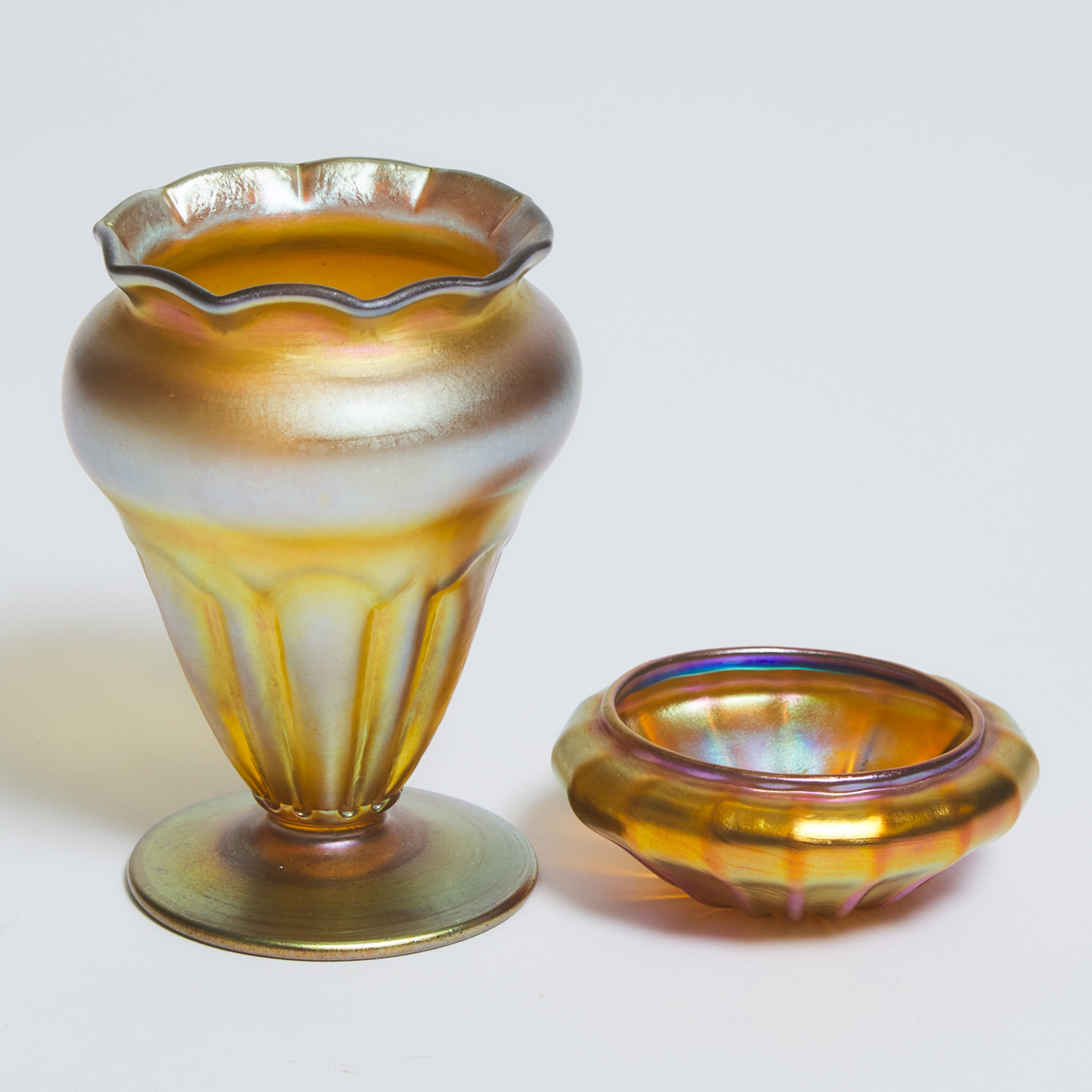 Iridescent Glass Nash Vase and Quezal Salt Cellar, early 20th century