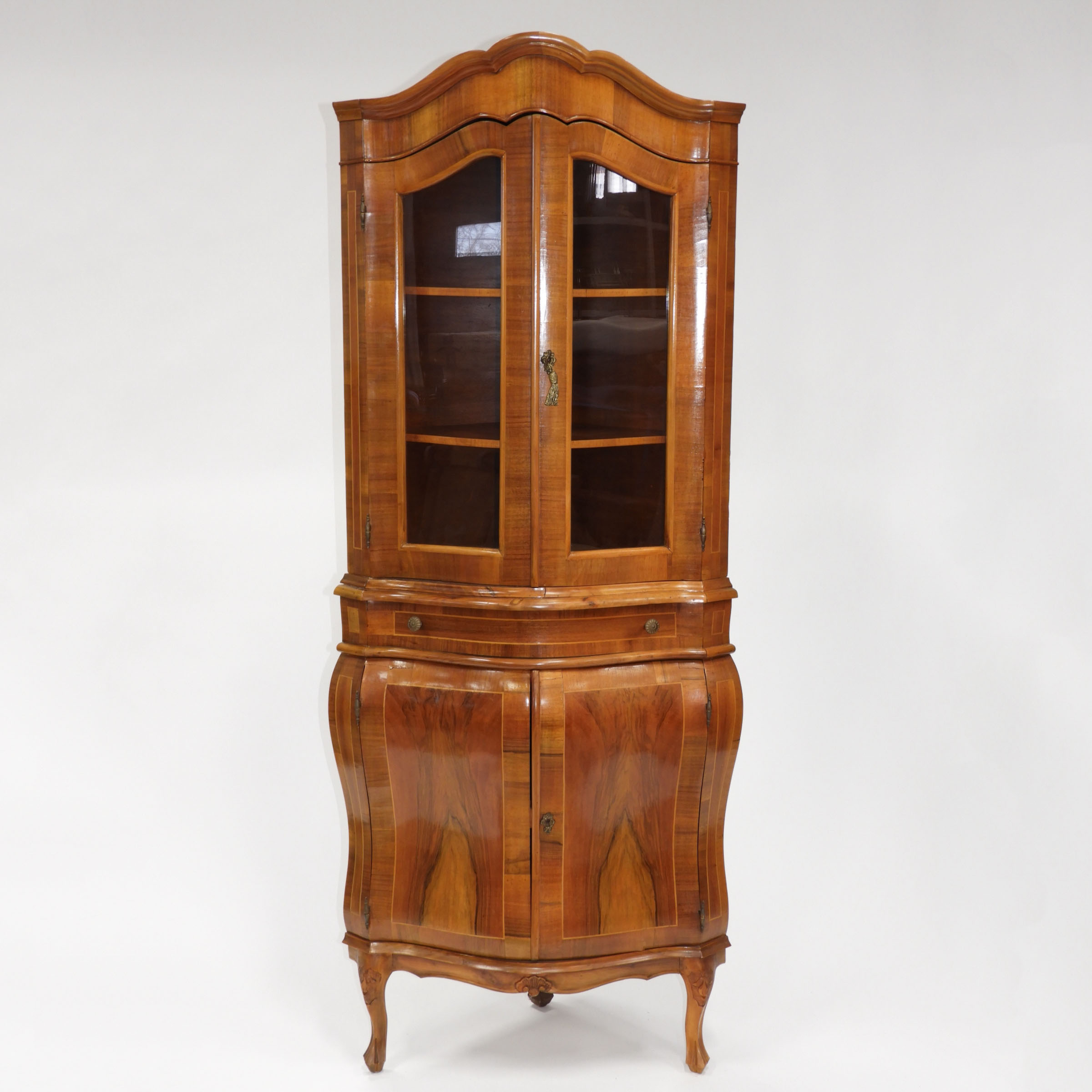 Small Continental Walnut Serpentine Front Corner Cupboard, early-mid 20th century