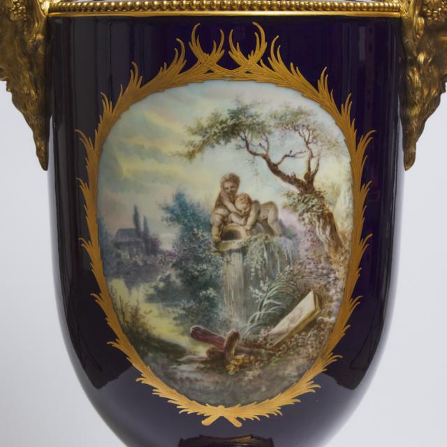 Large 'Sèvres' Bleu de Roi Ground Vase and Cover, late 19th/early 20th century