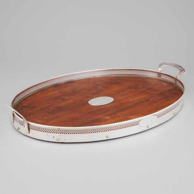 Canadian Silver Mounted Mahogany Oval Serving Tray, Roden Bros., Toronto. Ont., early 20th century