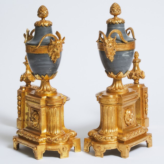 Pair of Louis XIV Style Grey Marble Mounted Gilt Bronze Chenets, 19th century