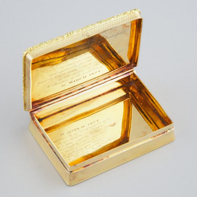George III Silver-Gilt Rectangular Snuff Box, probably depicting 'Caractacus and his Wife before Claudius', William Snooke Hall, London, 1818