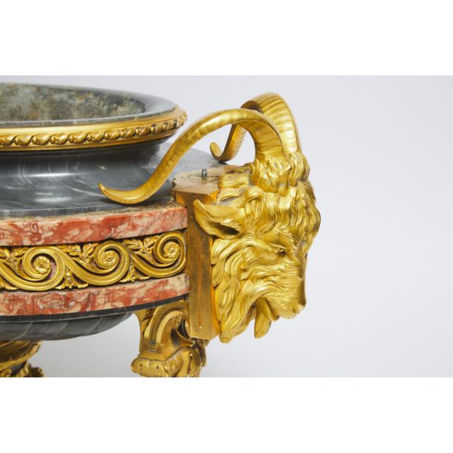 Massive French Louis XVI Style Gilt Bronze Mounted Grey and Rosso Marble Urn, mid 20th century