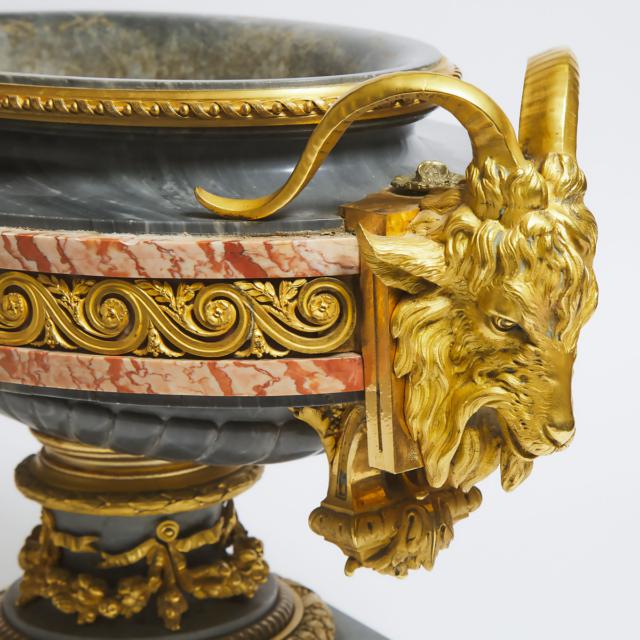 Massive French Louis XVI Style Gilt Bronze Mounted Grey and Rosso Marble Urn, mid 20th century