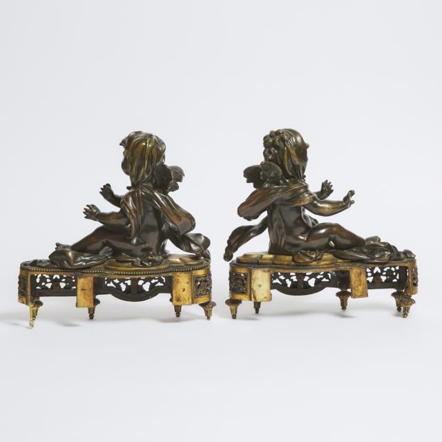Pair of Louis XVI Patinated and Gilt Bronze Chenets, late 18th century