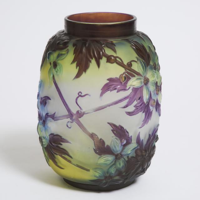 Gallé Mould-Blown Cameo Glass Clematis Vase, c.1900