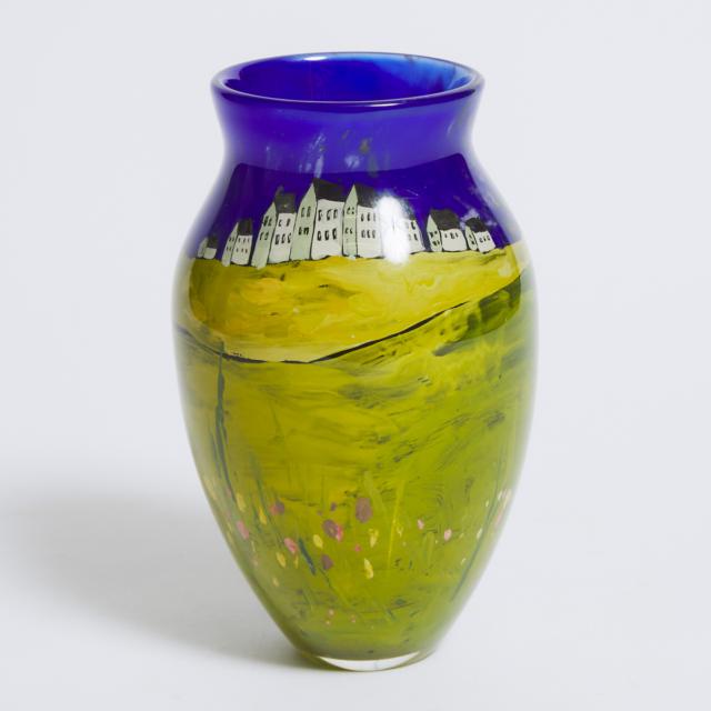 Paperweight Glass Vase, 'Row of White Houses', 2001
