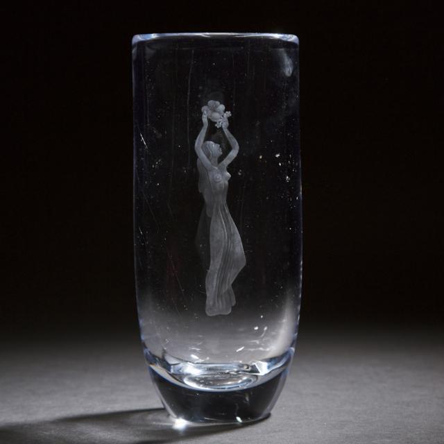 Orrefors Engraved Glass Vase, Sven Palmquist, 1958