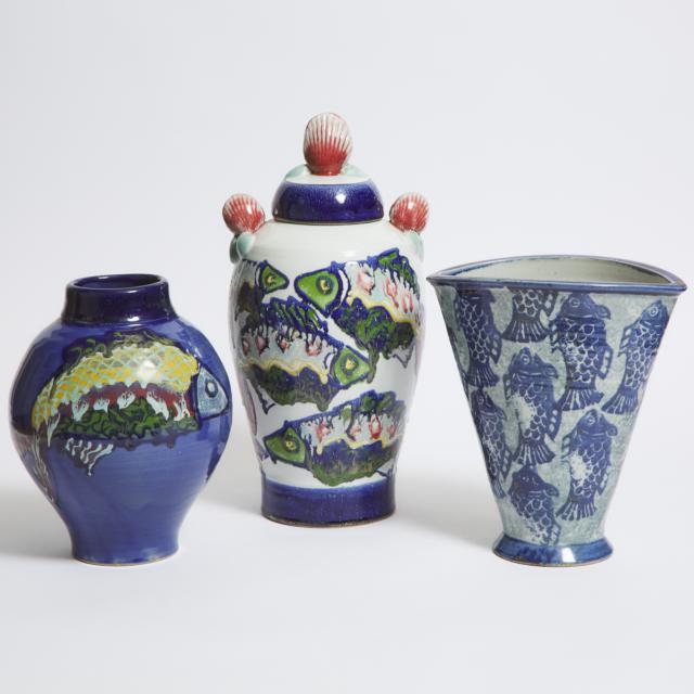 Scott Barnim (Canadian, b.1957), Three Stoneware Fish Pattern Vases, c.2000