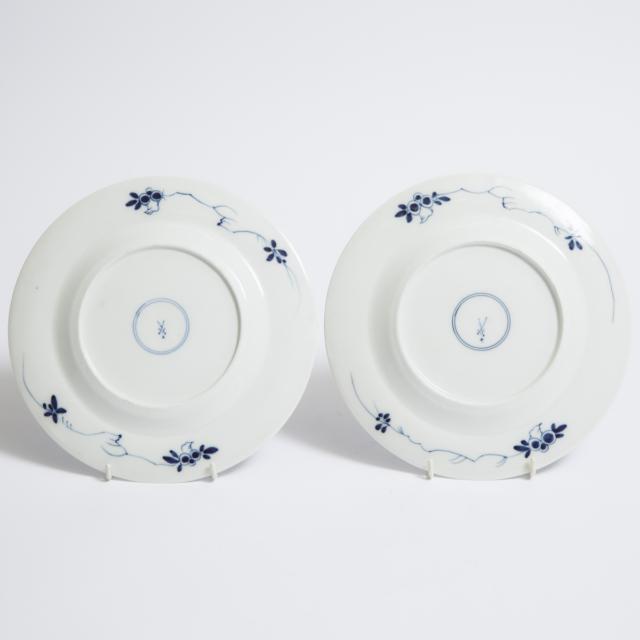 Pair of Meissen Blue Painted Pagoda and Cranes Plates, 18th century