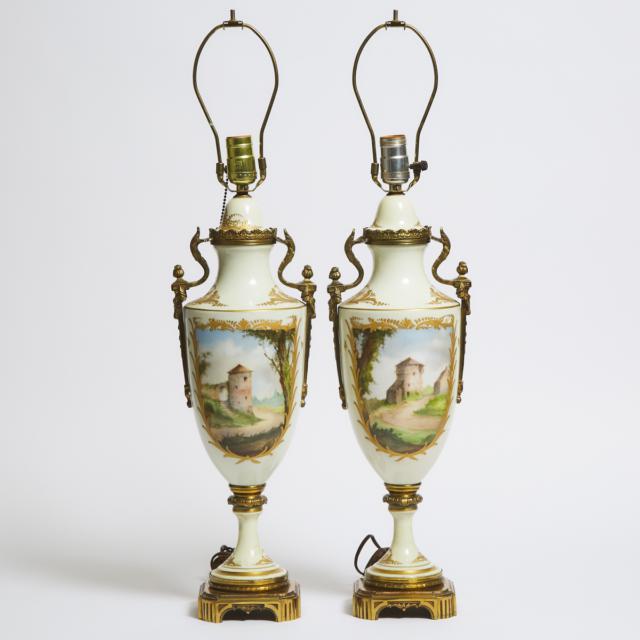 Pair of Gilt-Metal Mounted 'Sèvres' Table Lamps, early 20th century