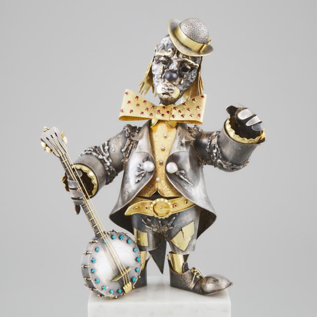 George Weil (Austrian, b.1938), Gem-Set English Silver and Yellow Gold Sculpture of a Clown with Banjo, No. 67, London, 1971