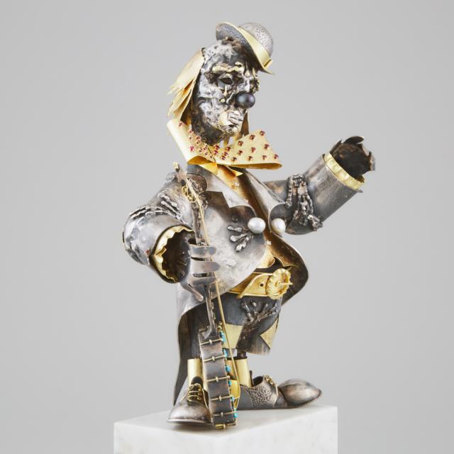 George Weil (Austrian, b.1938), Gem-Set English Silver and Yellow Gold Sculpture of a Clown with Banjo, No. 67, London, 1971