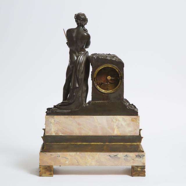 French Empire Patinated and Gilt Bronze Mounted Sienna Marble Figural Mantel Clock, c.1815