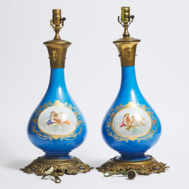 Pair of Sevres Style Porcelain Vase Lamps, mid 20th century