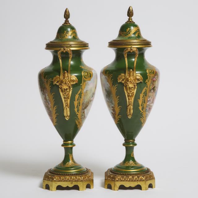 Pair of Gilt-Bronze Mounted 'Sèvres' Green Ground Covered Urns, late 19th century