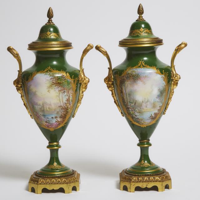 Pair of Gilt-Bronze Mounted 'Sèvres' Green Ground Covered Urns, late 19th century