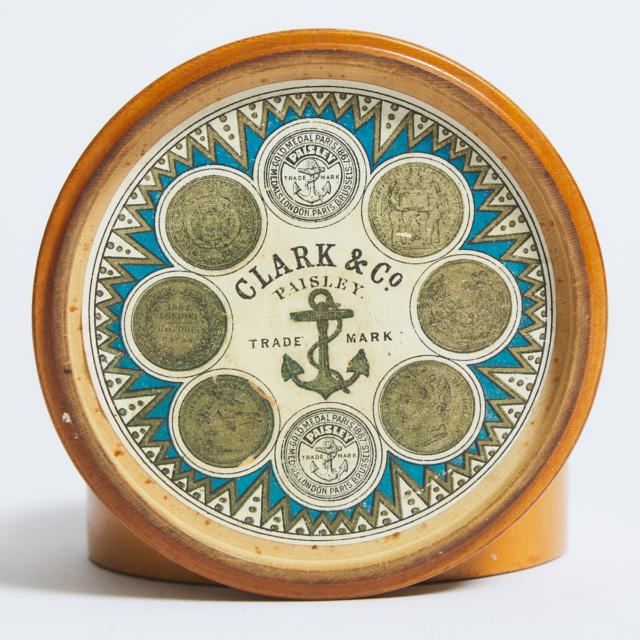 Sir Walter Scott Mauchline Ware Six Spool Thread Dispenser for Clark & Co., Paisley, 19th century