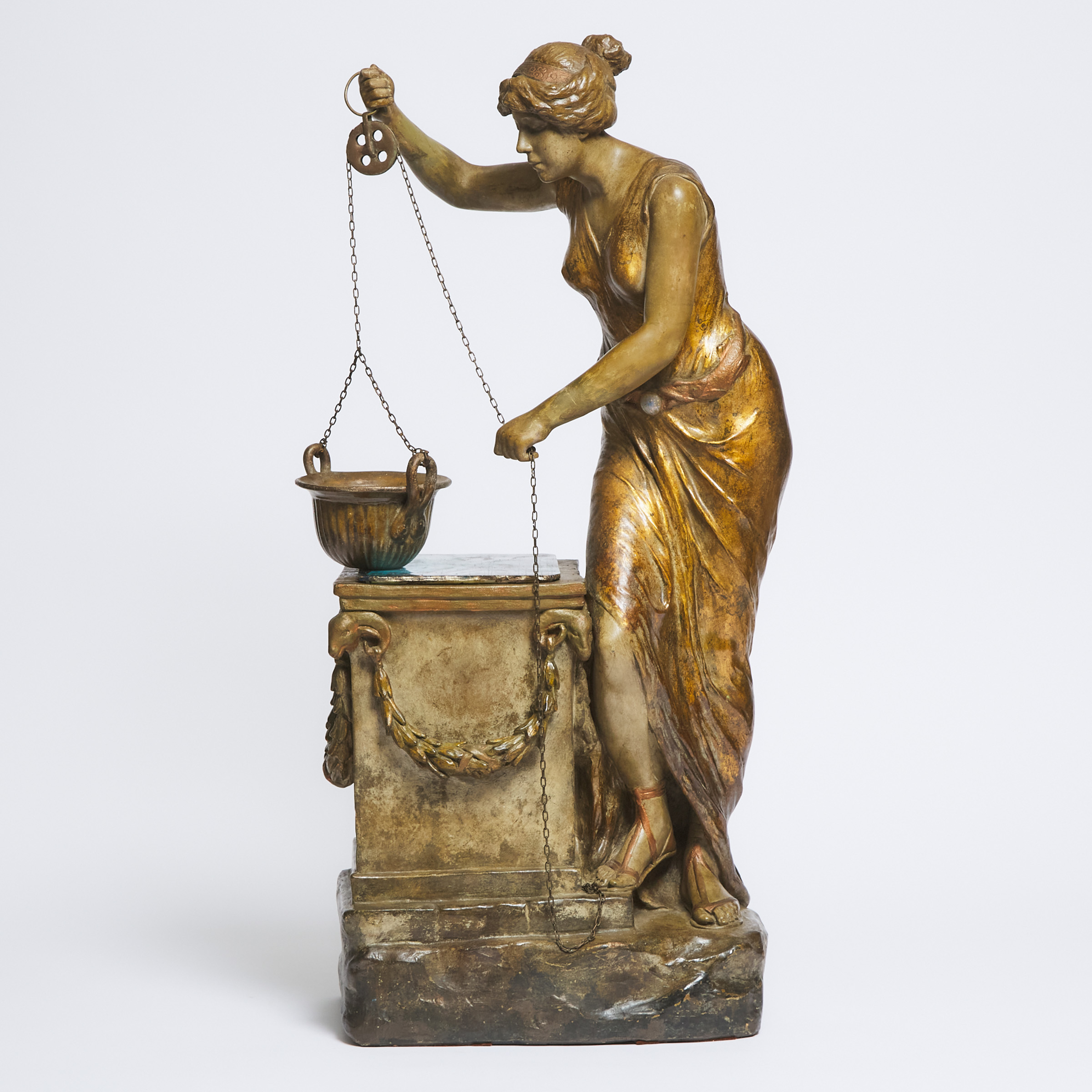 Large Austrian Patinated Terracotta Illuminated Model of a Young Woman Drawing Water from a Neoclassical Well, Goldschieder, Vienna, early 20th century