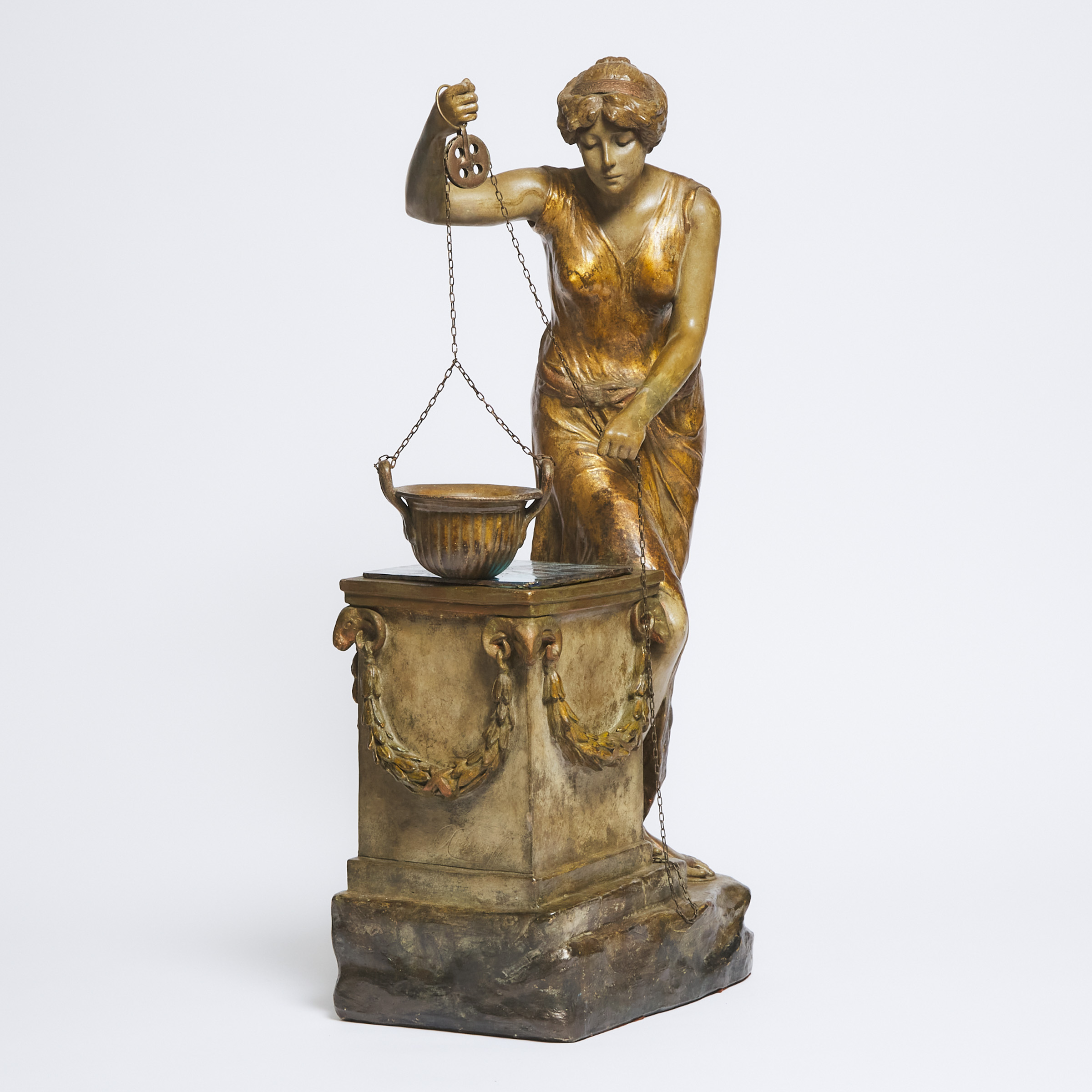 Large Austrian Patinated Terracotta Illuminated Model of a Young Woman Drawing Water from a Neoclassical Well, Goldschieder, Vienna, early 20th century