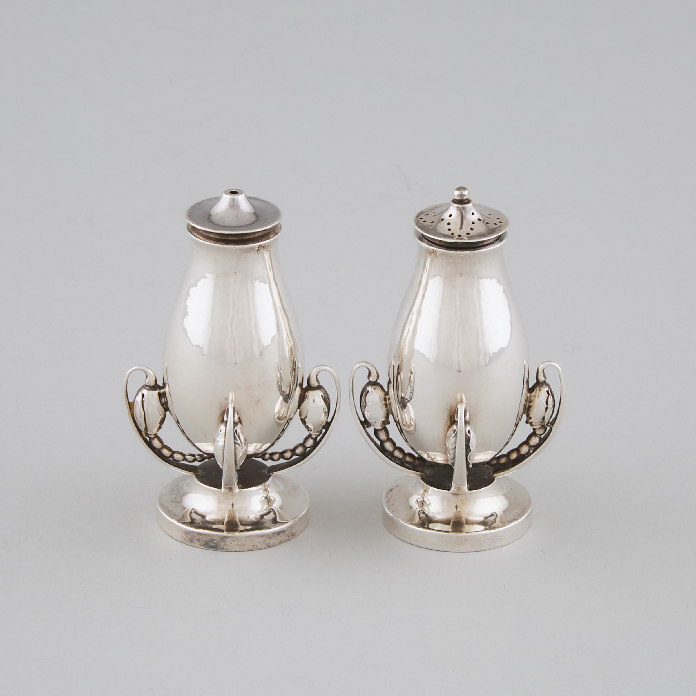 Pair of Danish Silver 'Blossom' Pattern Salt and Pepper Casters, #2B, Georg Jensen, Copenhagen, post-1945