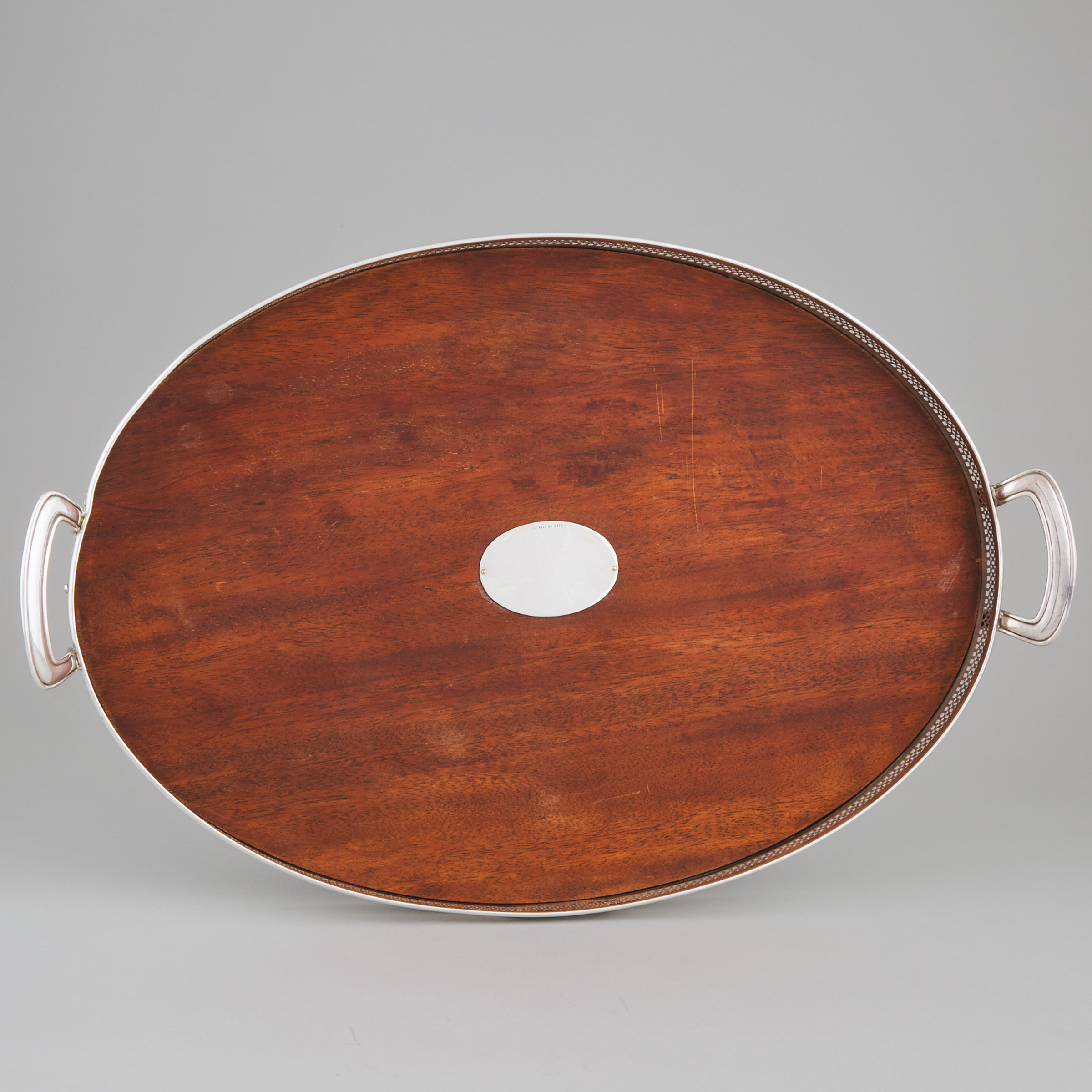Canadian Silver Mounted Mahogany Oval Serving Tray, Roden Bros., Toronto. Ont., early 20th century