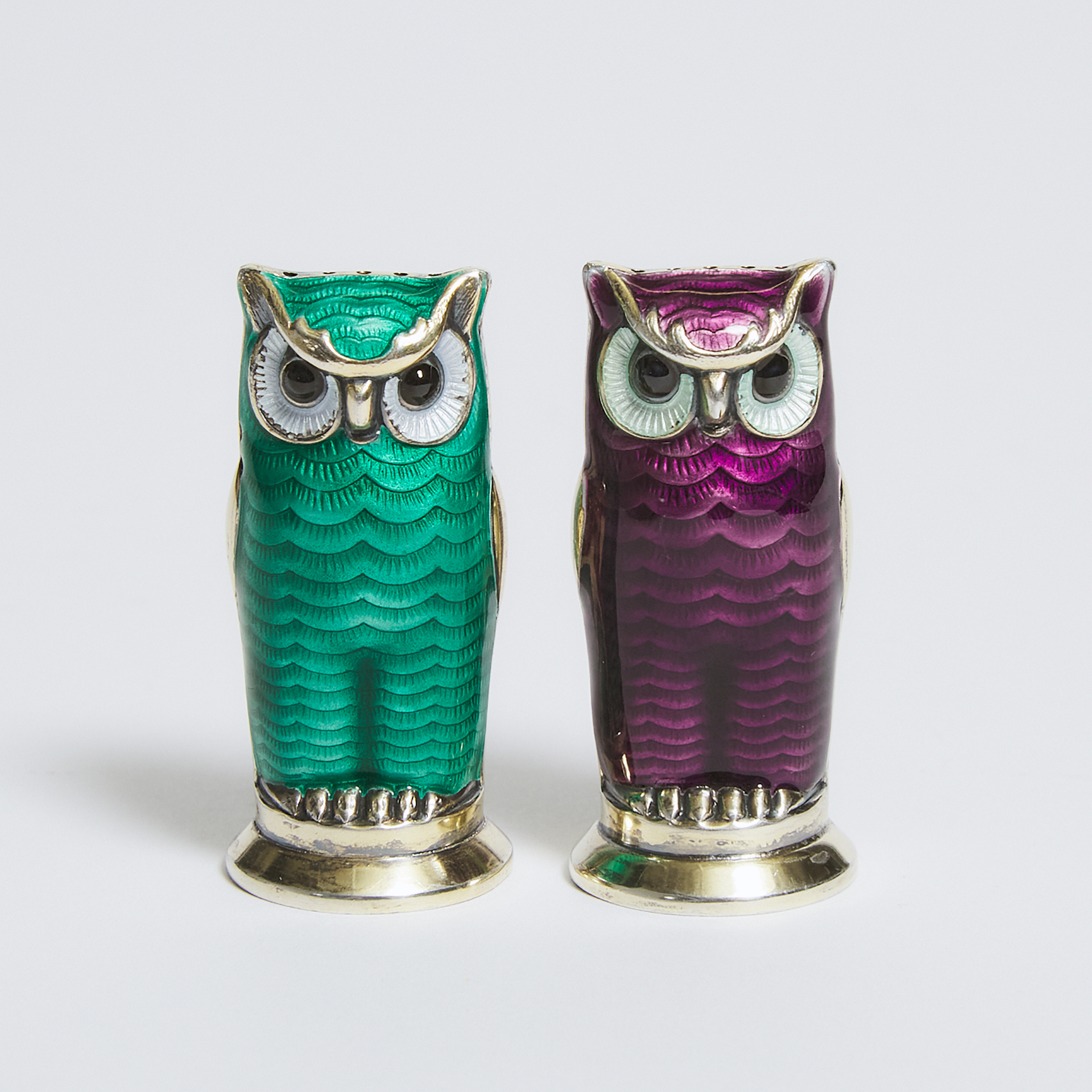 Pair of Norwegian Enameled Silver Owl-Form Salt and Pepper Casters, David Andersen, Oslo, 20th century