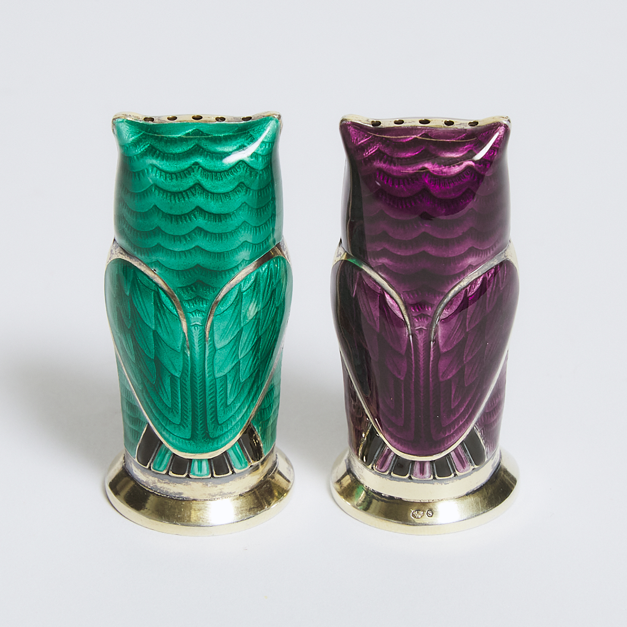 Pair of Norwegian Enameled Silver Owl-Form Salt and Pepper Casters, David Andersen, Oslo, 20th century