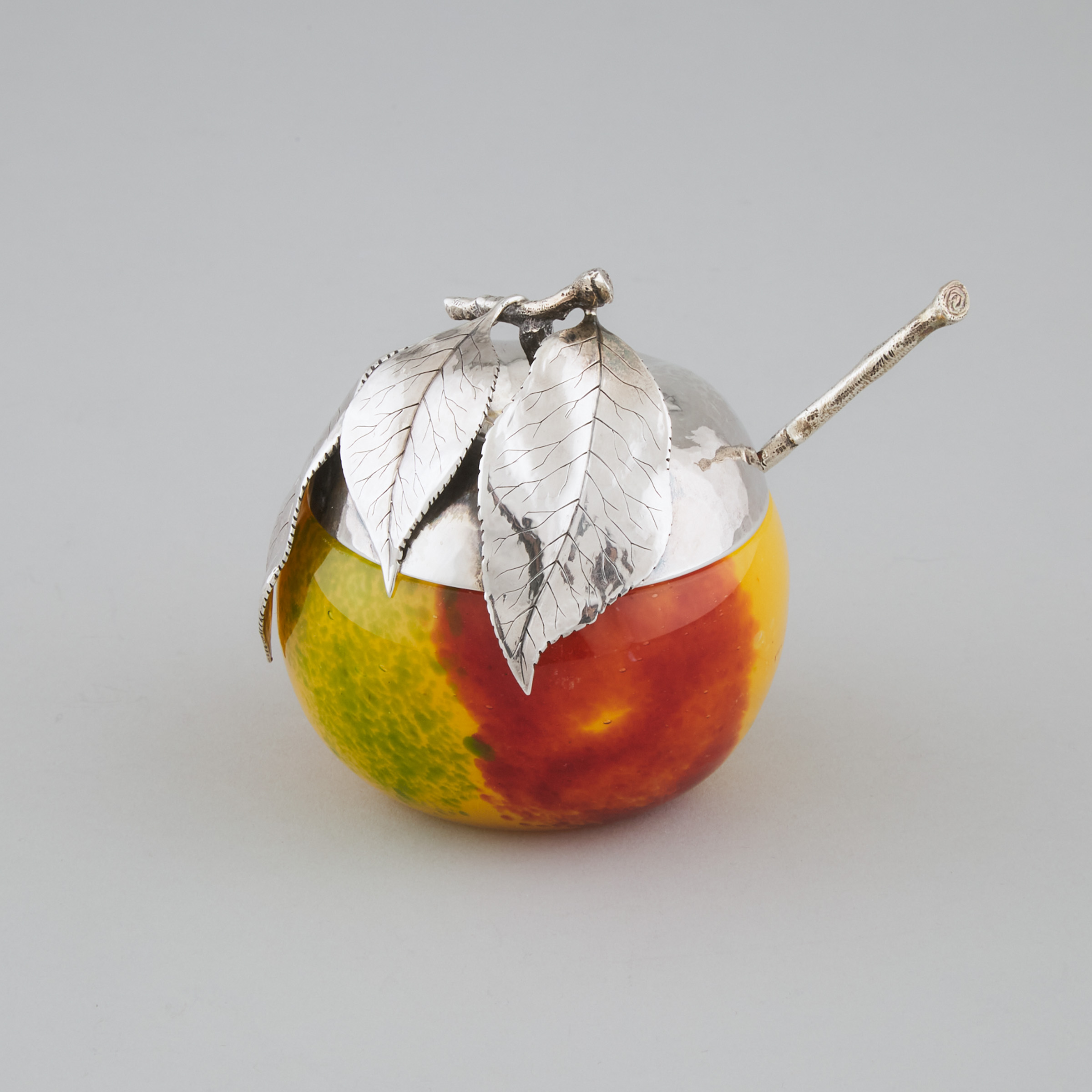 Italian Silver and Coloured Glass Apple-Form Preserve Jar with Spoon, Buccellati, Milan, 20th century