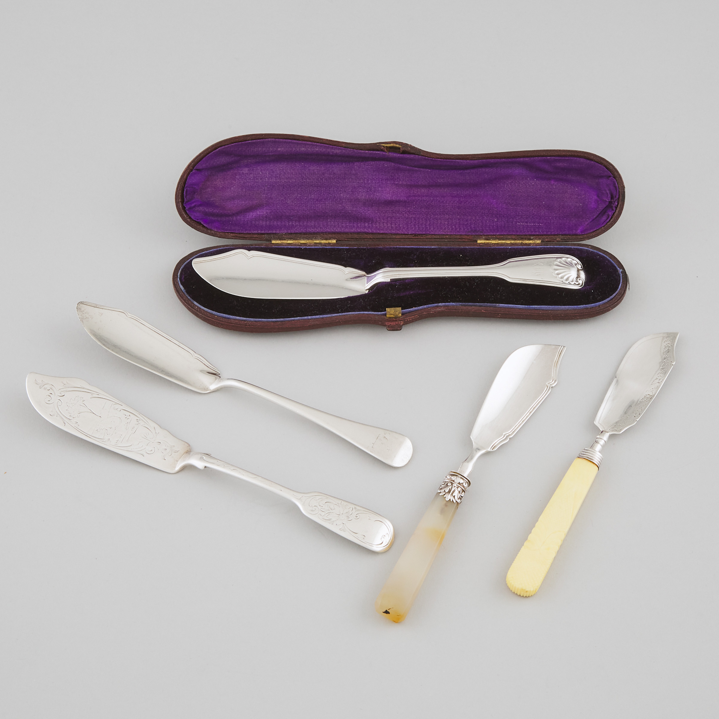 Five Georgian and Victorian Silver Butter Knives, c.1797-1875