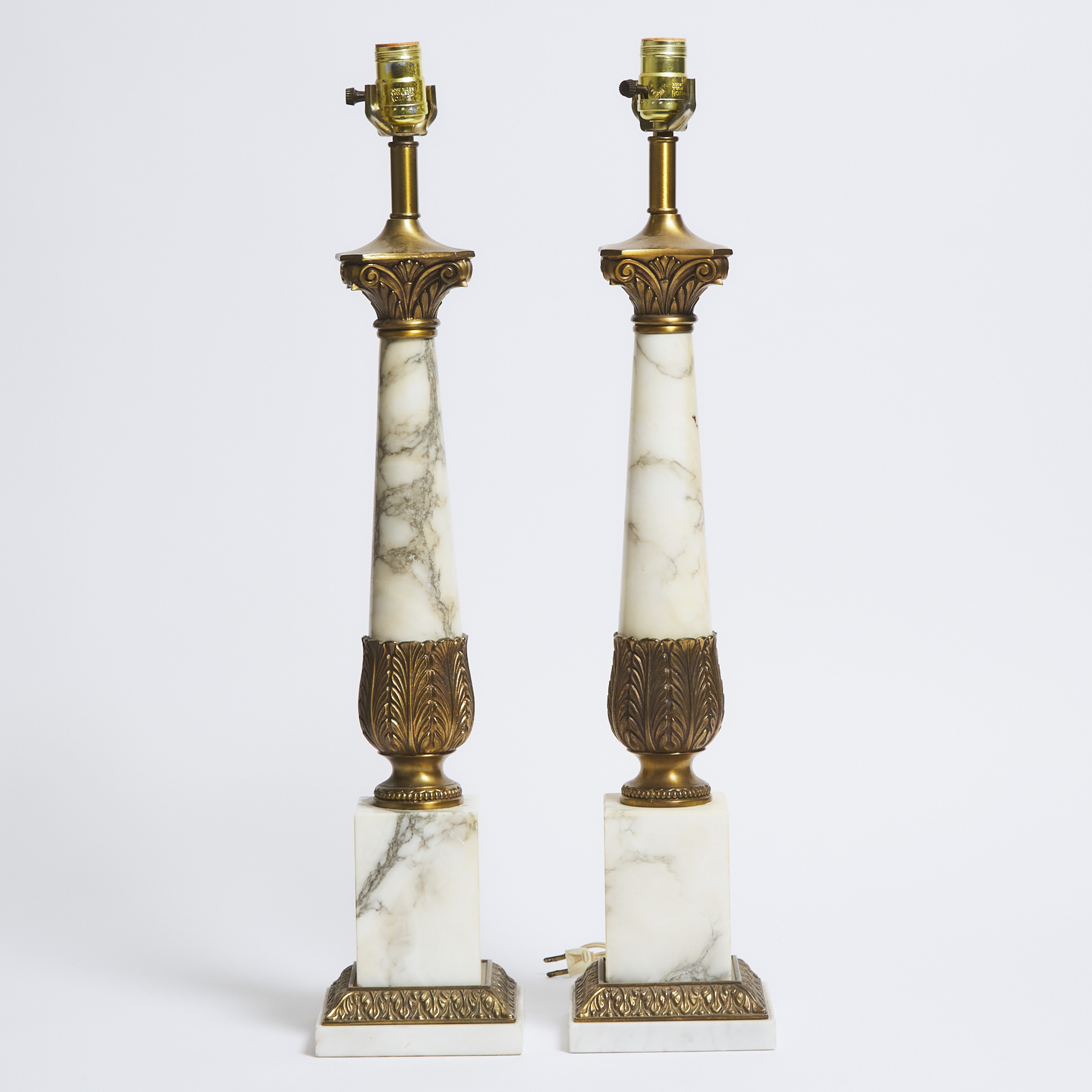 Pair of Gilt Bronze and Marble Column Form Table Lamps, mid 20th century
