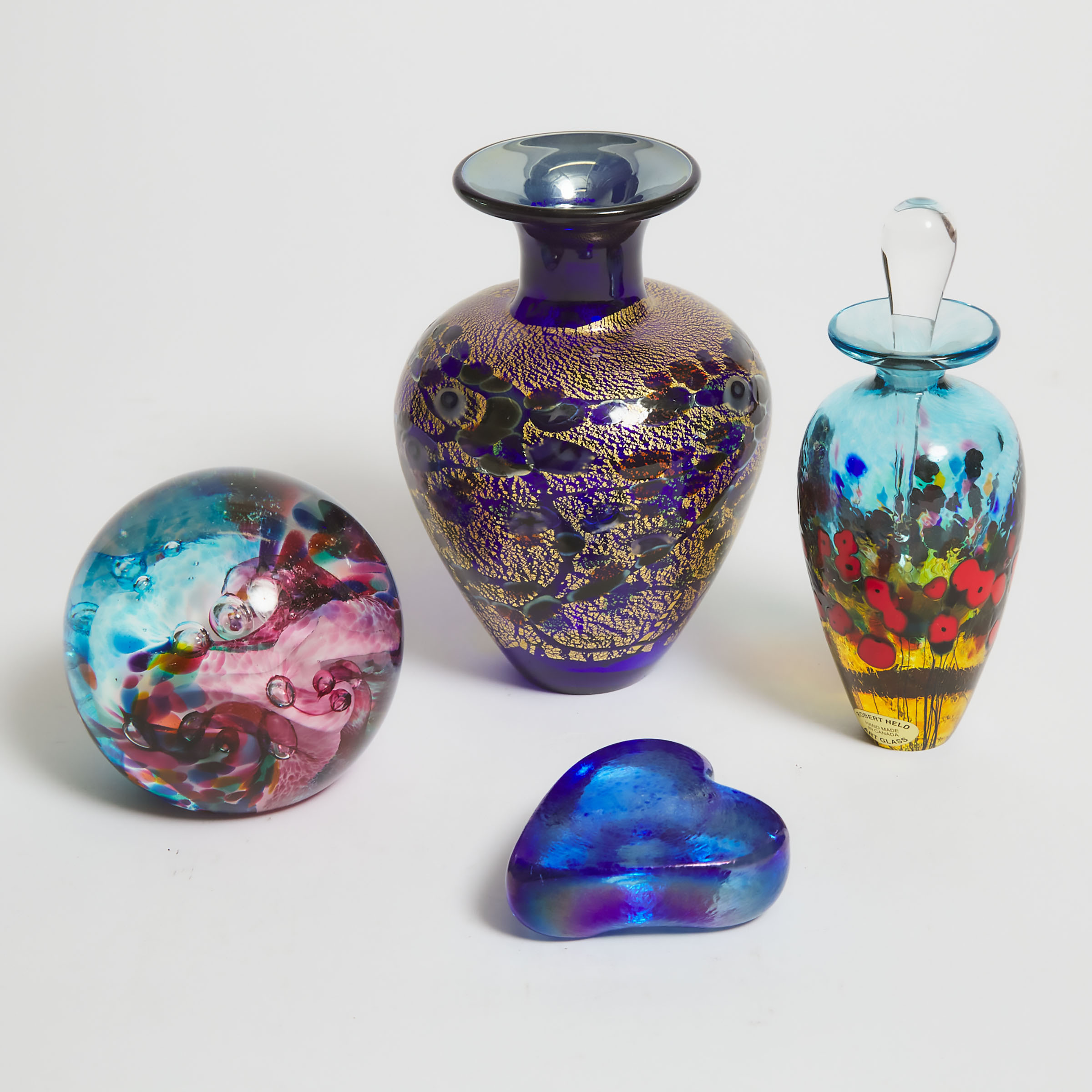 Robert Held Glass Vase, Perfume Bottle and Two Paperweights, late 20th century